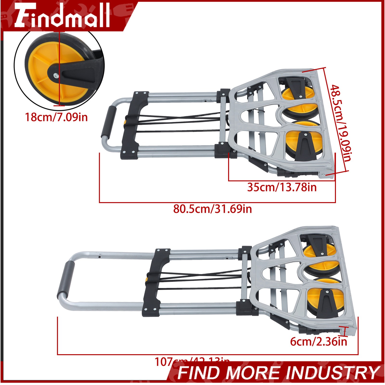 Findmall Alloy Steel Folding Trolley 264 lbs Heavy-Duty Luggage Trolley Cart