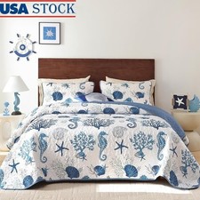 Coastal Quilt Set 3 Pcs Microfiber Ocean Bedding Lightweight Nautical Bedspread