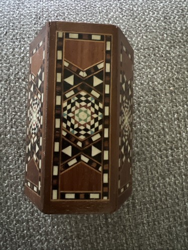 Inlaid Wood Pencil Pen Holder Hexagon Desk Office Vase Vintage Marquetry
