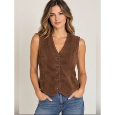 Marsh Landing Vintage Chocolate Brown Leather Button Vest Sz PM EUC 90 s Western