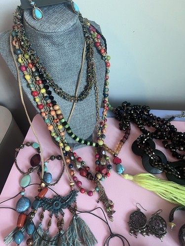 Boho Ethnic Tribal Style Statement Jewelry Lot 41 pc Wood Mixed Metals Stone - Picture 3 of 22