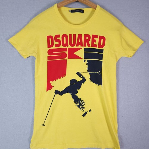 Vintage Dsquared2 T-Shirt Damen XS gelb Ski Big Logo Single Stitch Streetwear