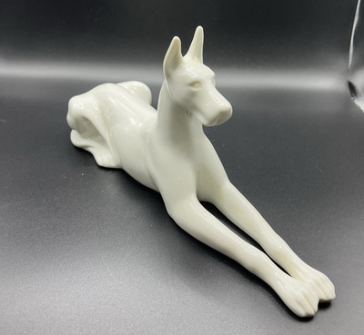 Vintage PORCELAIN GREAT DANE DOG FIGURINE White Figural Shape Woodmere ART DECO