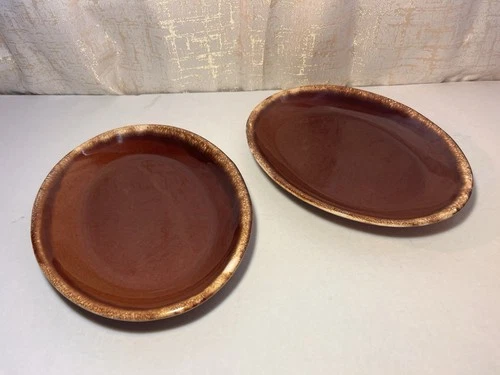 Vintage Hull Pottery Oval Serving Platter 9"x 12" Brown Drip USA Lot Of 2