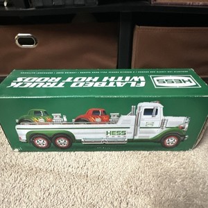 2022 HESS FLATBED TRUCK WITH HOT RODS GREEN WHITE RED ORIGINAL GAS & OIL TOY
