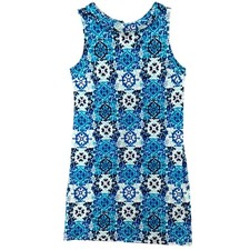 Talbots Dress Womens Sz L Blue Mosaic Print Stretch Casual Pull Over
