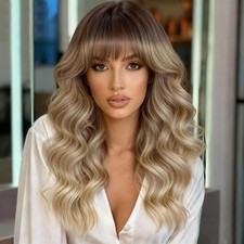 Ombre Blonde w/ Dark Roots Long Wavy w/ Bangs 20in Women Premium Hair Wig