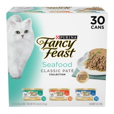 Fancy Feast Seafood Pate Wet Cat Food Variety Pack 30 Cans Grain Free 3oz