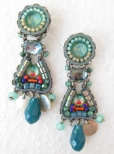 Ayala Bar Designer Art Glass Beaded Crystal Floral Dangle Earrings 2 1/8"