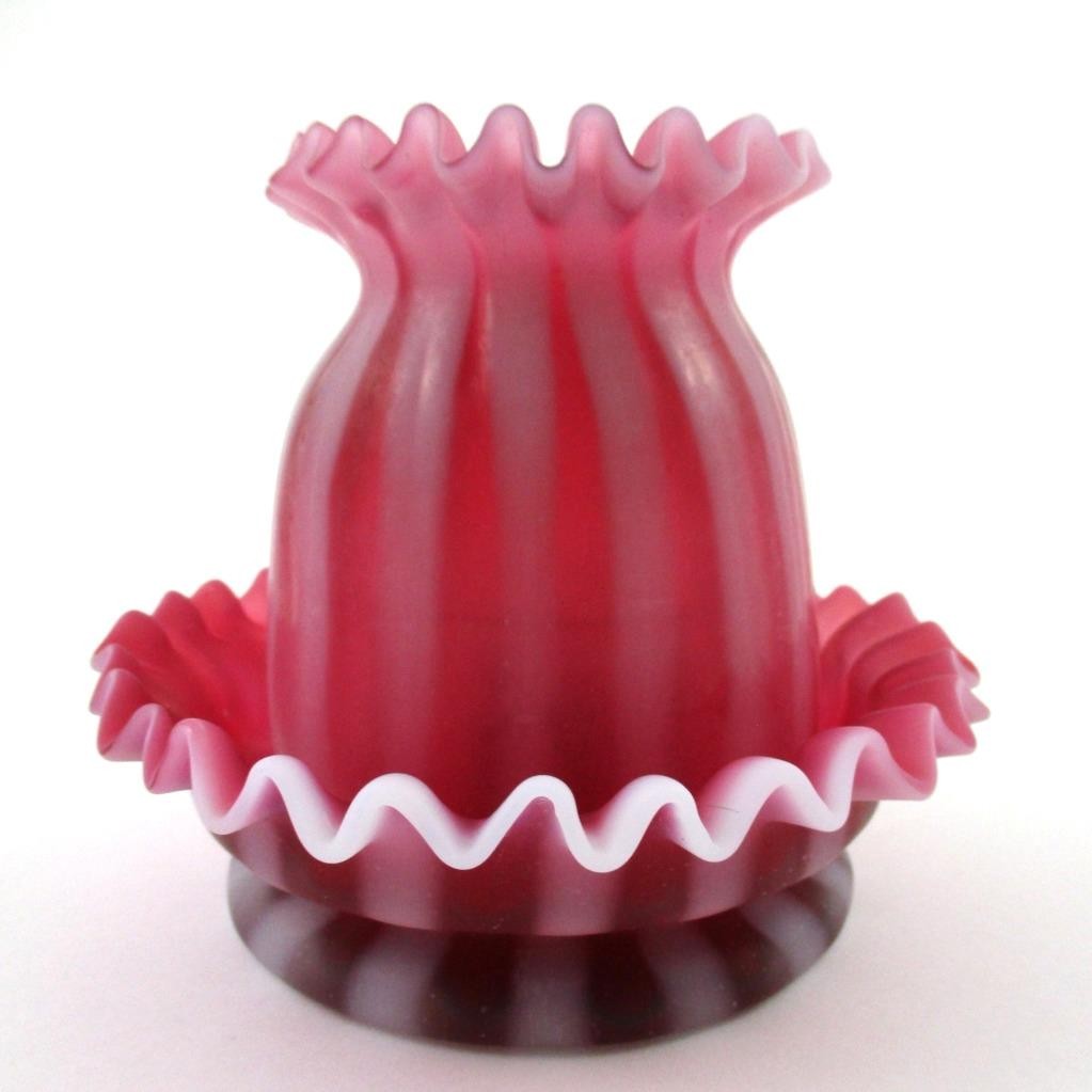 Victorian FAIRY candle Lamp - CRANBERRY Opalescent STRIPE art glass - REPAIRED!