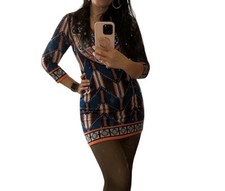 Flying Tomato Knitted Sweater Dress Bodycon Blue and Orange Grometric Print Sz S