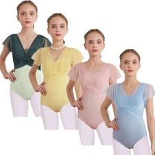 Kids Girls Bodysuit Ballroom Jumpsuit Tumbling Romper Back Sheer Cutout Ruffled