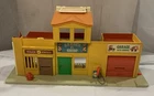 Vintage 1973 Fisher Price Little People Play Family Village barbershop,police