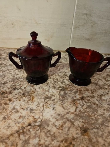 Vintage Anchor Hocking Royal Ruby Red Glass Footed Sugar and Creamer Set