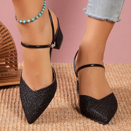 Fashion Women Bling High Heel Slippers Sexy Pumps Pointed Toe Thick-Heeled Shoes - Picture 15 of 18