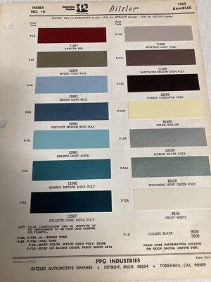 1965 RAMBLER AUTOMOTIVE P.P.G., DITZLER Exterior Paint Color Chip ORIGINAL