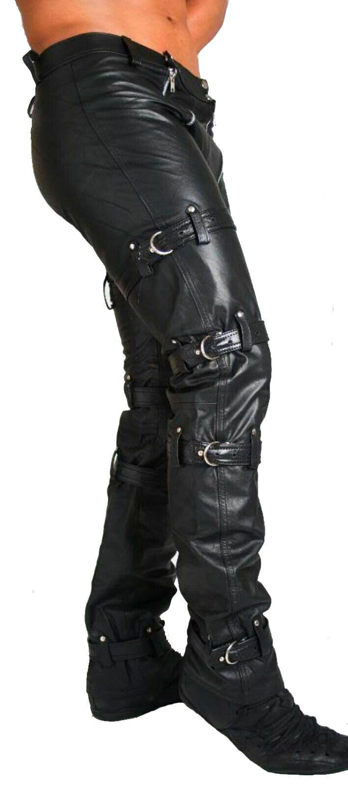 MEN'S LEATHER PANTS DOUBLE BLUF FETISH GAY STYLE WITH LOCKS FREE GAY REAR ZIP eBay