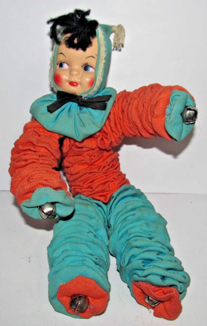 Vintage Yo-Yo Doll Fabric Circles Rag Celluloid Plastic Face   (B1)