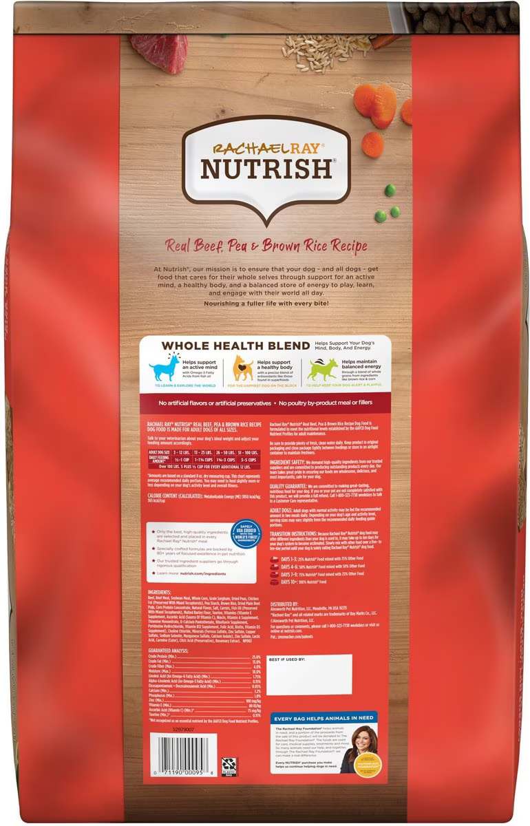 40lb bag, Rachael Ray Nutrish Real Beef, Pea, & Brown Rice Recipe Dry