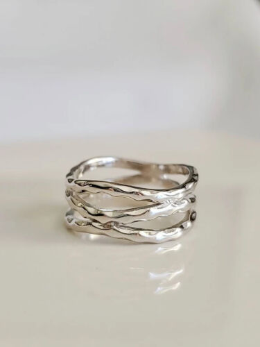 Anillo martillado, anillo de plata esterlina maciza para mujer, estampado 925, banda para el pulgar, - Imagen 1 de 8