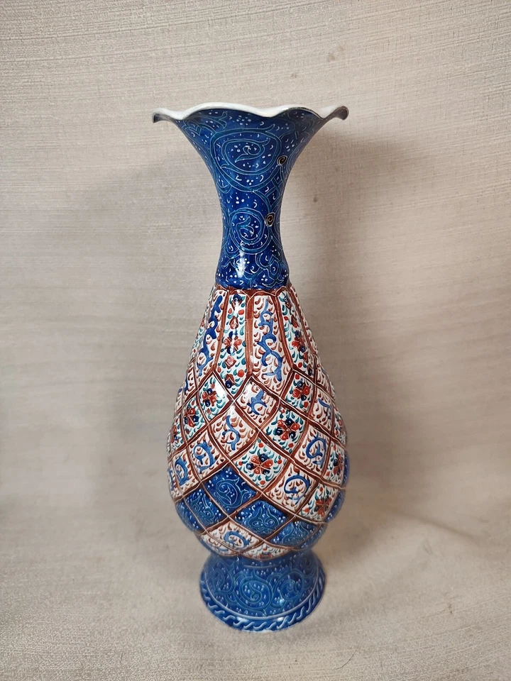 Minekari Persian Vase Enamel Over Copper Vase Blue Red White Small Smear EUC - Image 2 of 4