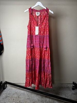 $595 Figue Women's Red Betty Mixed-Print Tiered Tassel Cotton Maxi Dress  Size Sm | eBay