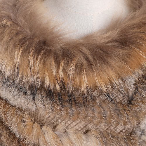 Women's Pullover Poncho Real Rabbit Fur Knitted Cape Shawl Raccoon Fur Collar - Picture 47 of 54