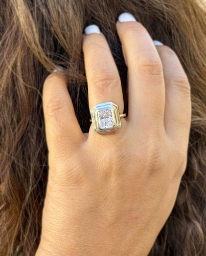 Cushion Cut Moissanite Engagement Ring Bezel Set 14K Solid Yellow Gold 3.50ct - Picture 11 of 12