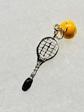 Sterling Silver 925 Enamel Tennis Racket and Ball Pendant Charm