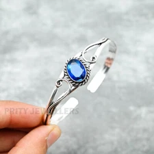 Blue Sapphire Bangle 925 Sterling Silver Adjustable Handmade Cuff Bracelet