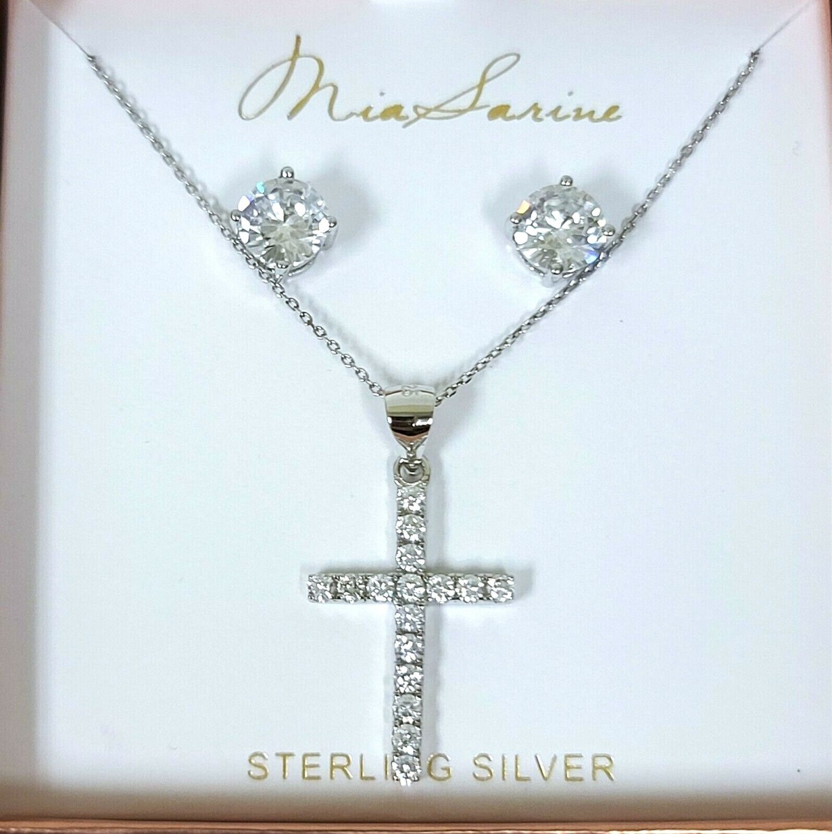 MIA SARINE STERLING SILVER 2 PC SET CRYTALS CROSS CHAIN