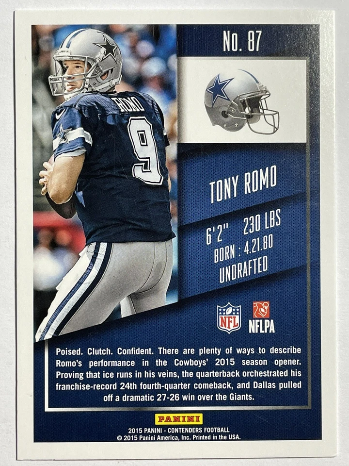 TONY ROMO Dallas Cowboys 2015 Panini Contenders SEASON TICKET Football Card #87 - Image 2 of 2