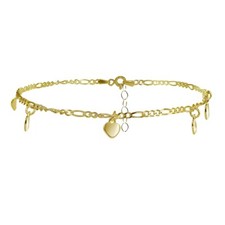Yellow Gold Flashed 925 Silver Figaro Chain Anklet with Dangling Heart Charms
