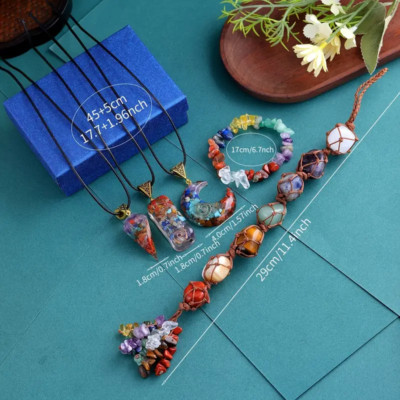 1 Set/5Pcs Natural Crystal 7 Chakra Pendants Decor Bracelet Necklace Gift Box