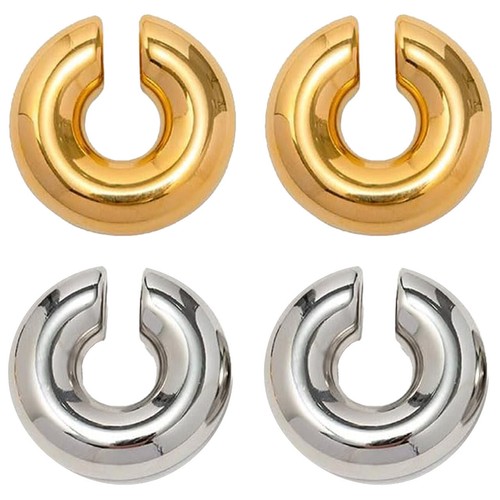 Pair of Chunky Ear Cuff Lightweight Hollow Non Piercing Surgical Steel Earring - Picture 6 of 8