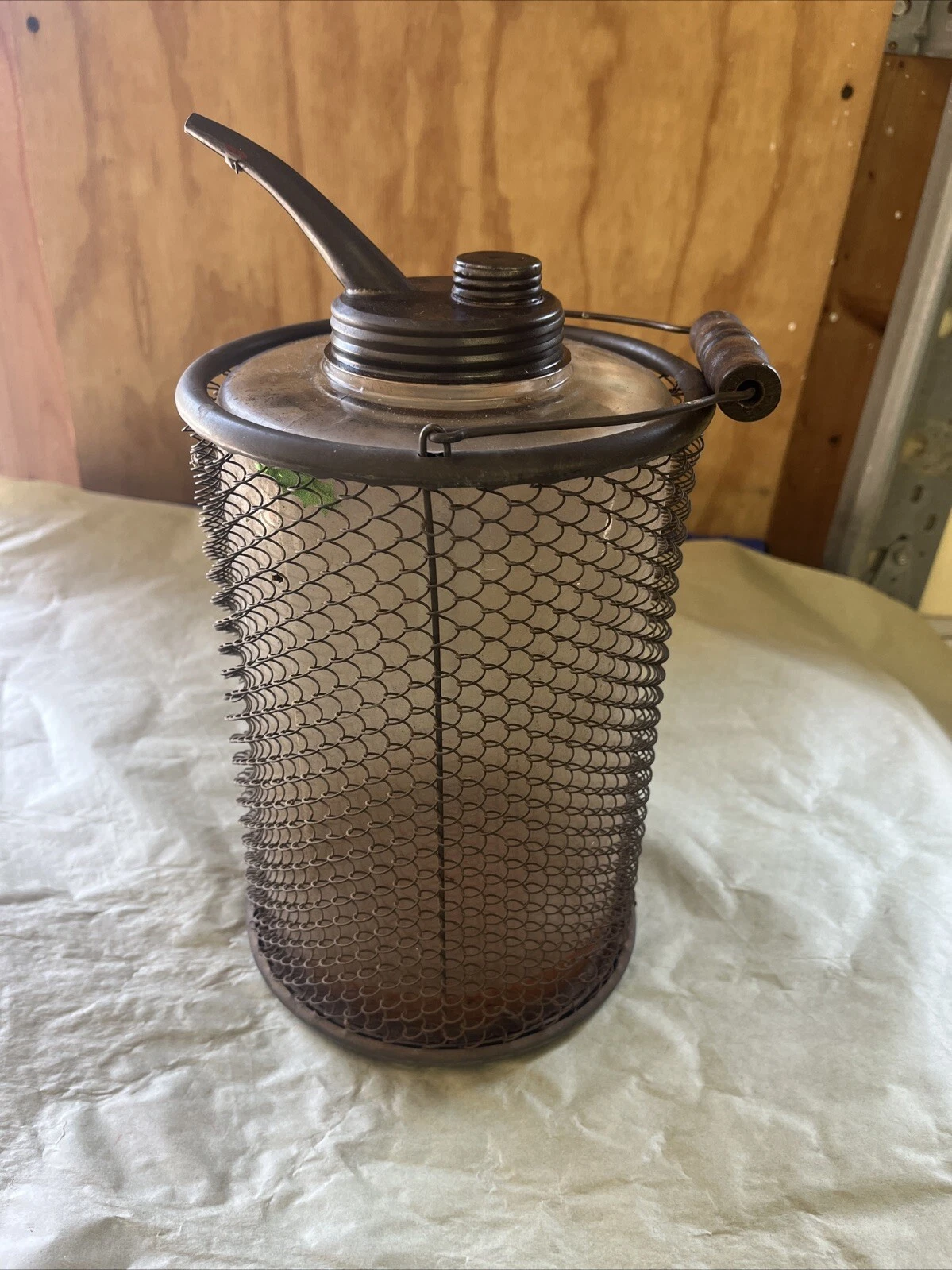 ANTIQUE WIRE MESH GLASS KEROSENE JAR, Very nice