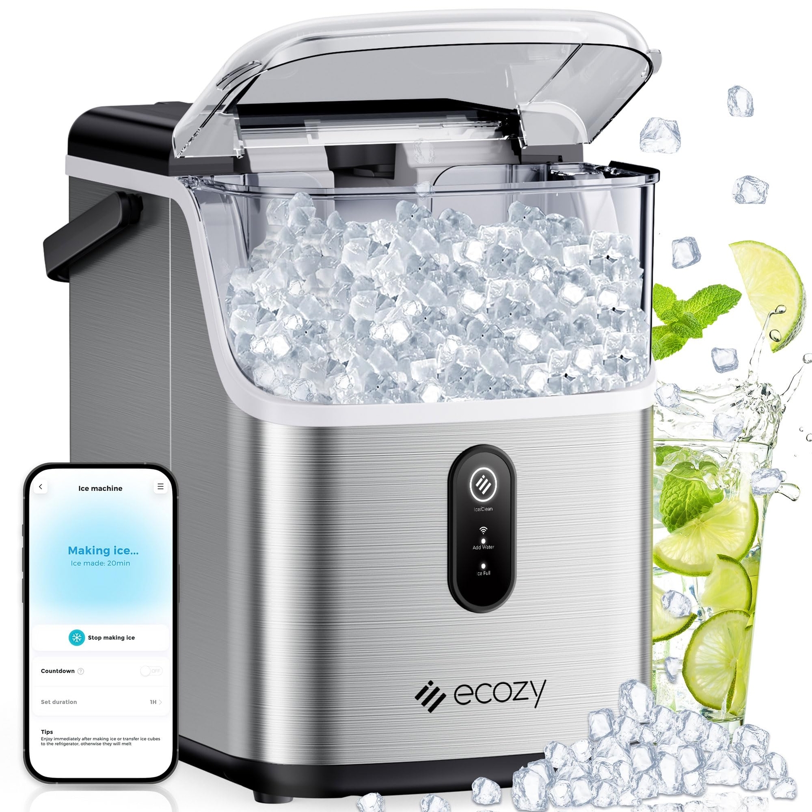 Smart Nugget Ice Maker Countertop with 35lbs Daily Output for Soft Chewable Pebble Ice