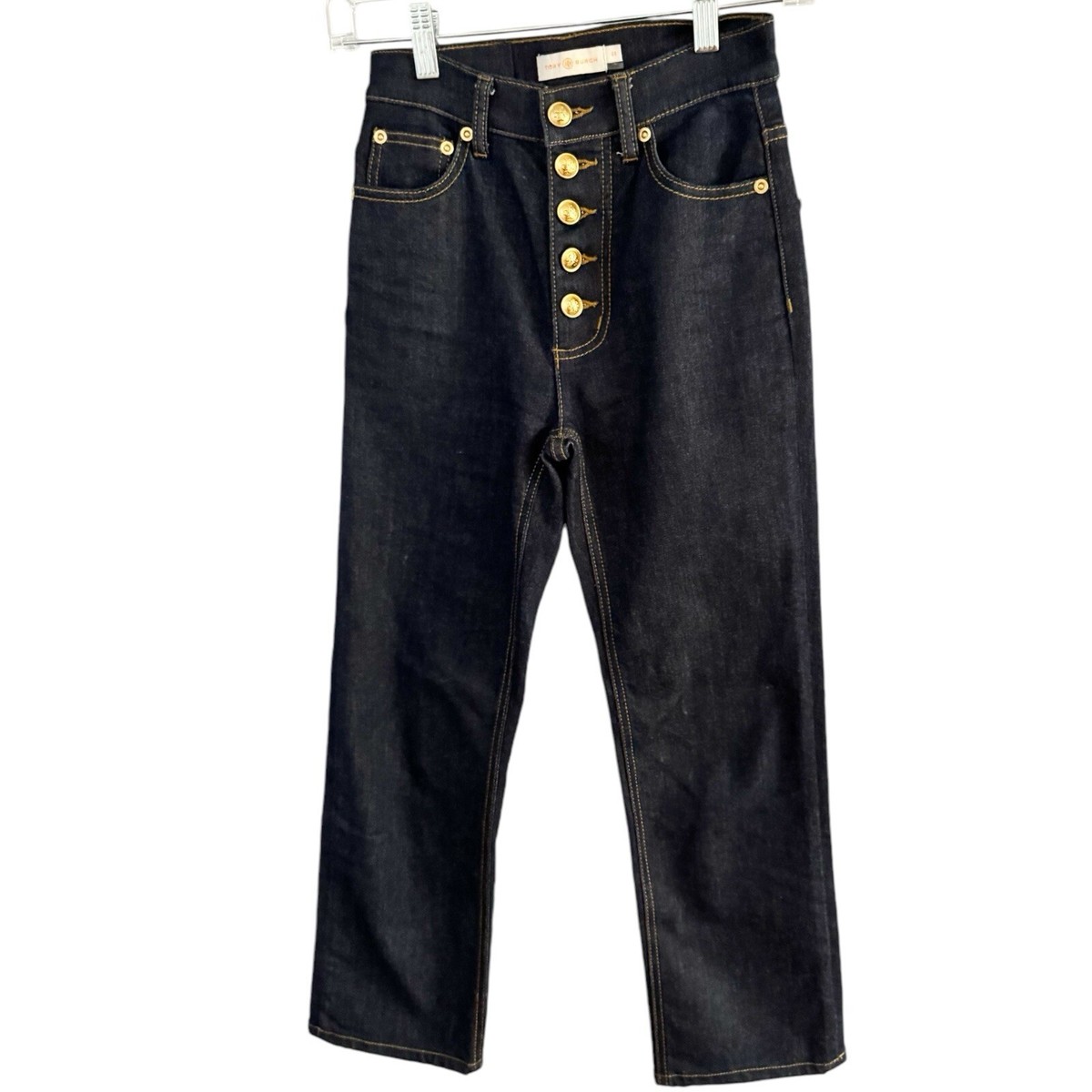 ジーンズ、トリーバーチ Tory Burch Gold Logo Button Front High Waisted Straight Leg