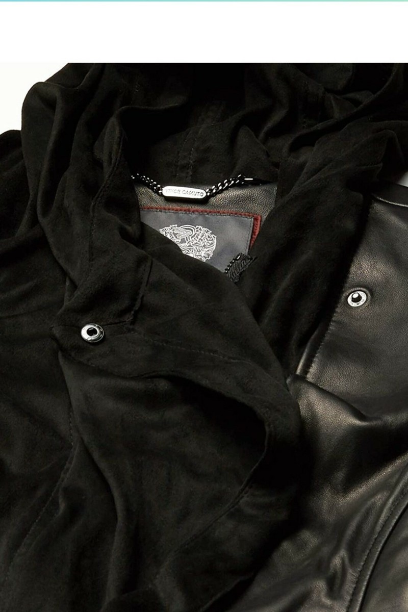 NEW Vince Camuto Asymmetrical Zip Hood Black Leather Jacket Size L
