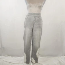 Chico's Size 2/12R Gray Denim Rhinestone Ankle Pull On Jeggings Stretch Pants