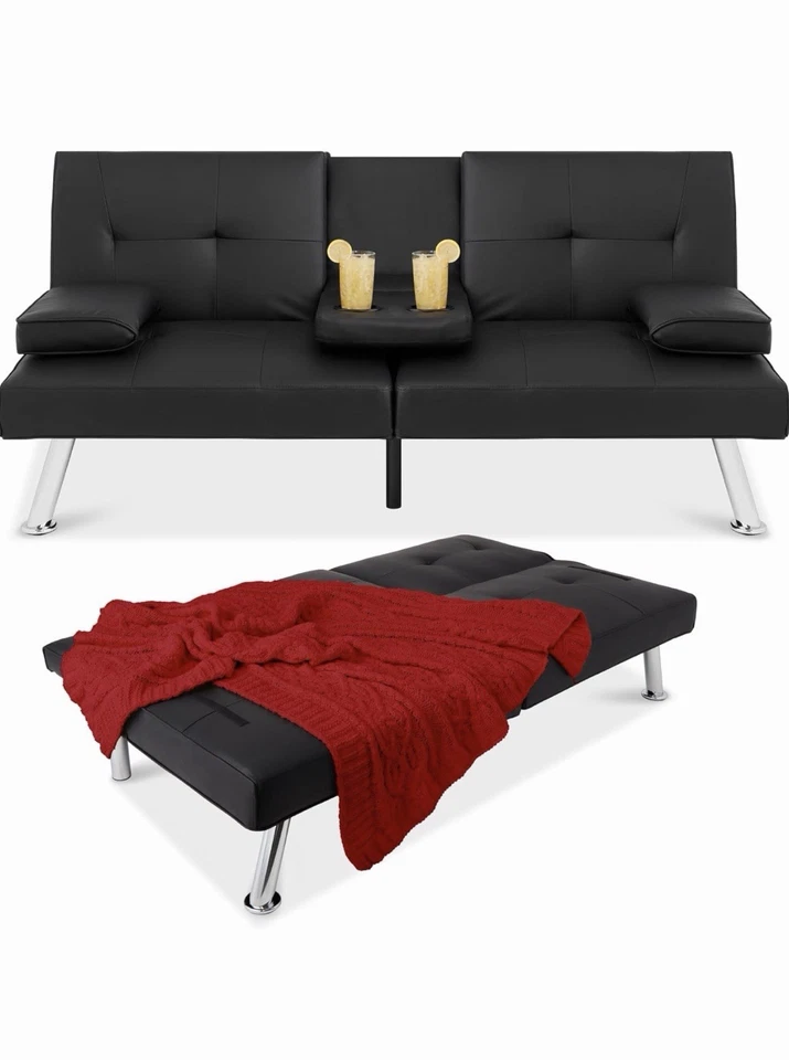 Sofá cama futón de cuero sintético convertible sofá para sala de estar con 2 portavasos Foto 4 de 4