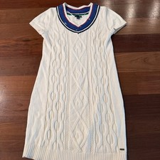 Tommy Hilfiger Sweater V Neck Dress Womens L Off White Knit Logo Short  Sleeve