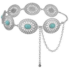 Western Concho Chain 130cm: Fit Waist up to 44in Silver round Green Turquoise 