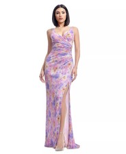 Dress The Population Ruched Gown Large Jordan Rose Floral High Slit Metallic
