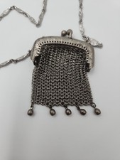 Vintage German Silver Mesh Evening Purse Chainmail Bag Ornate Frame Necklace