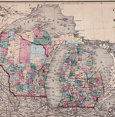 #ad 1875 Map Wisconsin Michigan GREAT LAKES ORIGINAL Upper Peninsula $34.67