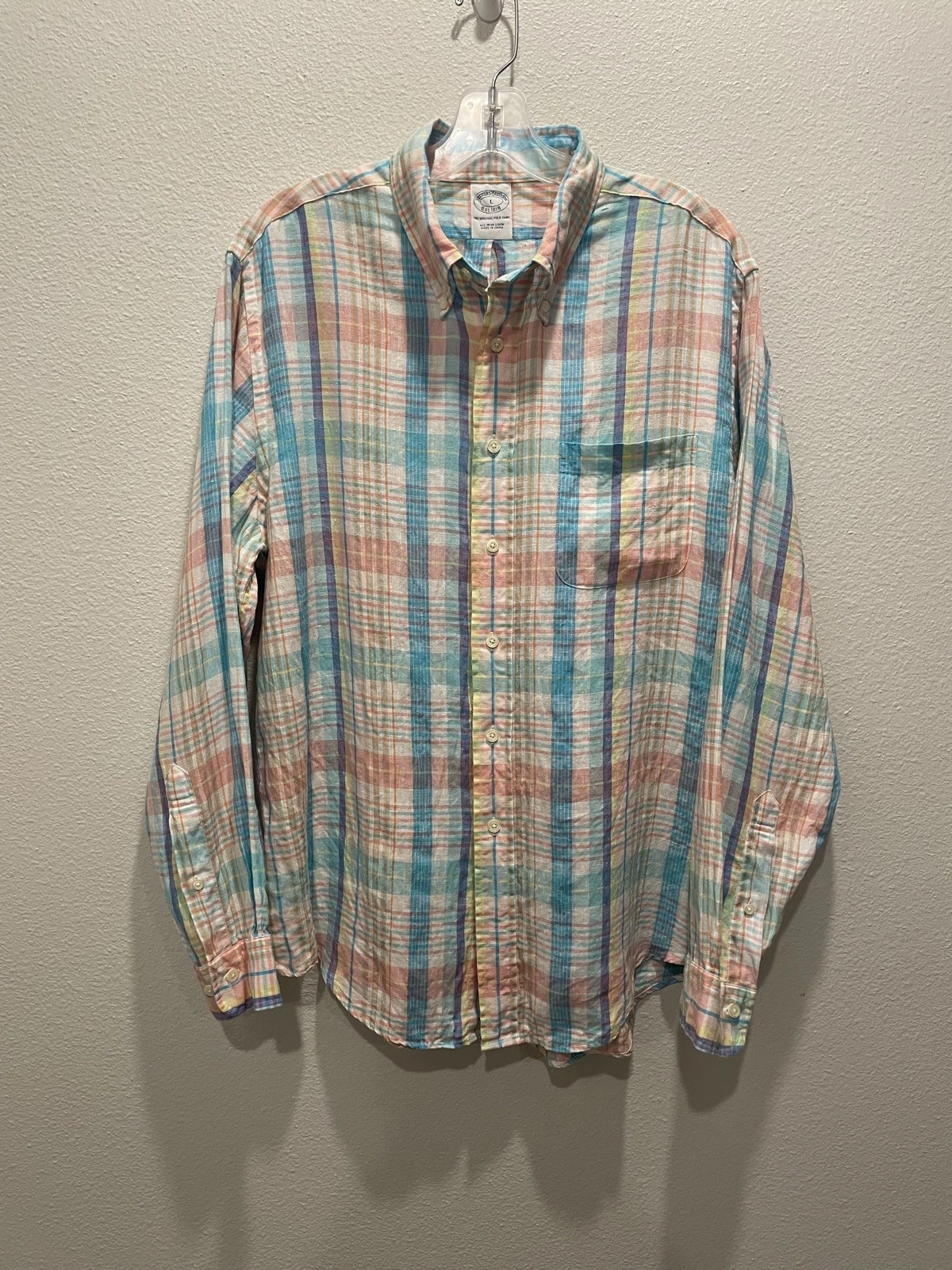 Brooks Brothers Long Sleeve Shirt Mens Large Plaid Irish Linen Button Down