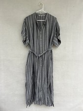 🦋 Uniqlo LINEN blend Shift Grey Striped Dress MIDI L 14