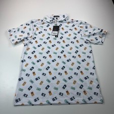 NEW Bad Birdie Polo Shirt Mens Large White Beer All Over Print Stretch Golf