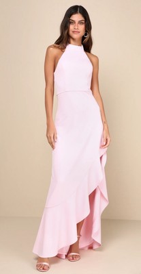 Lulus Women's Majestic Perfection Light Pink Ruffled Halter Maxi Dress  Small